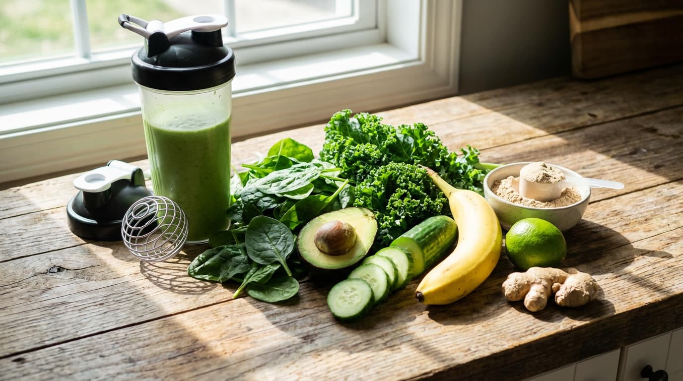 Green smoothie ingredients on a countertop with a shaker bottle
