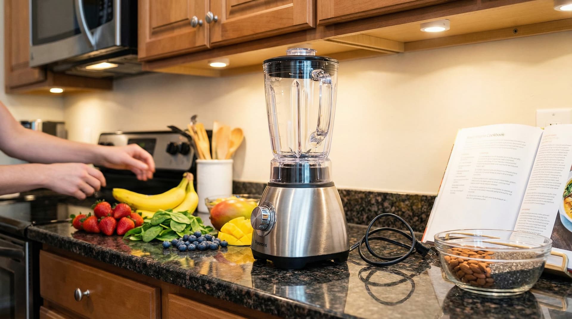 Smoothie ingredients and blender on a kitchen counter