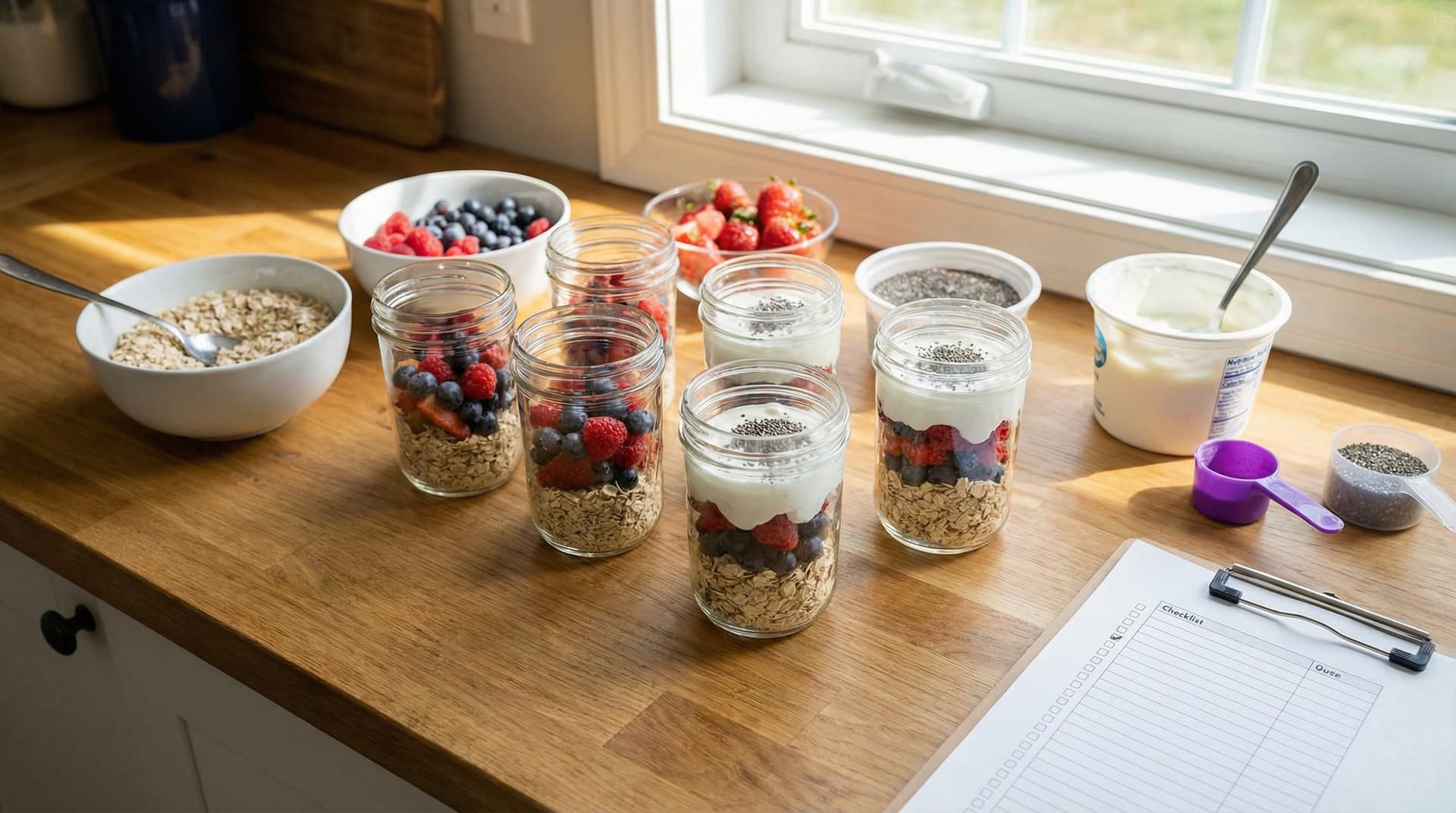 Oats, berries, yogurt, and chia laid out for meal prep