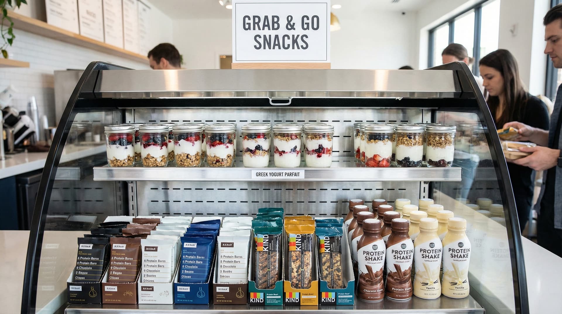 Grab-and-go snack options including yogurt, protein bar, and a shake