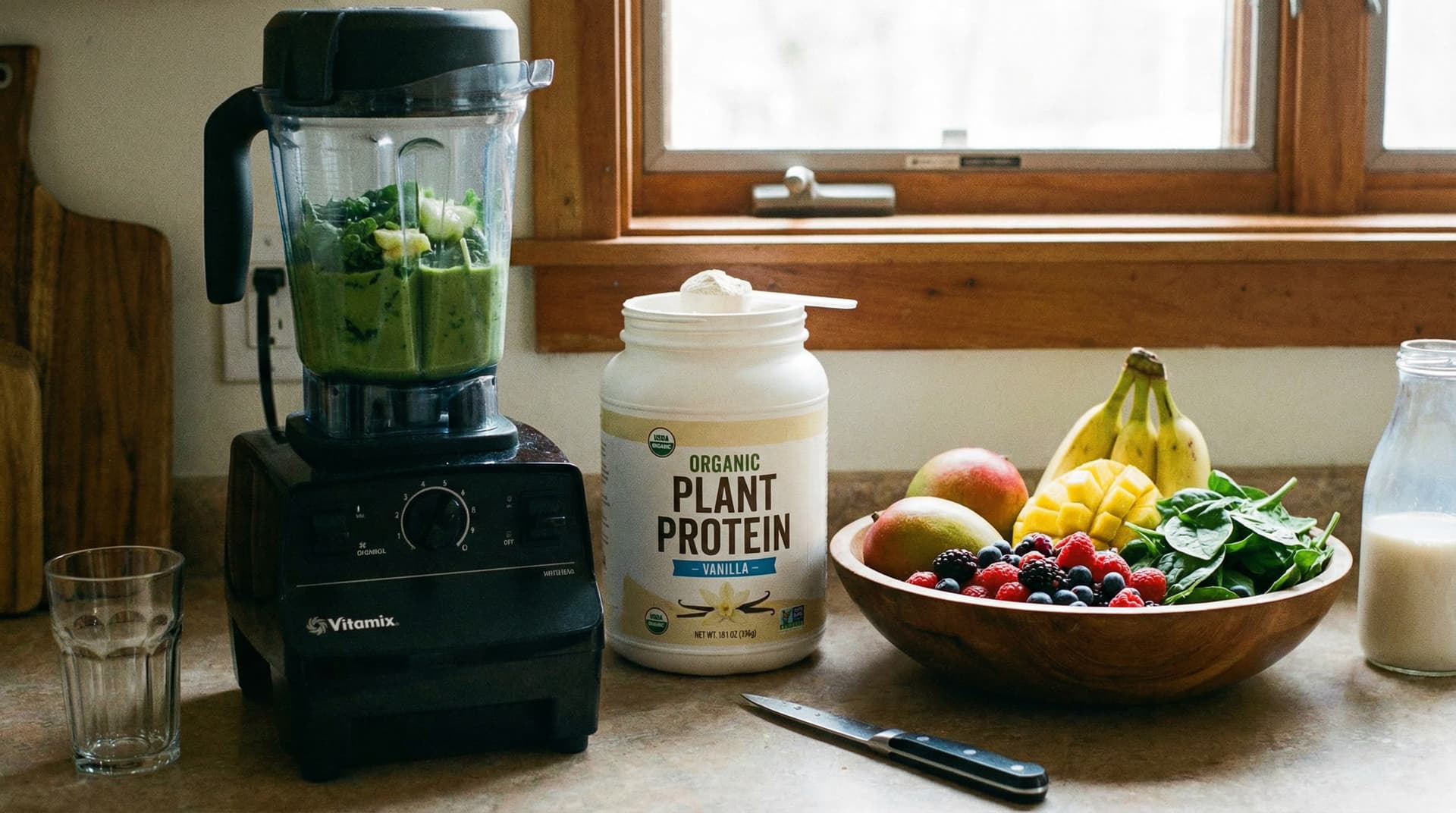 Smoothie prep with blender and protein powder next to fruit