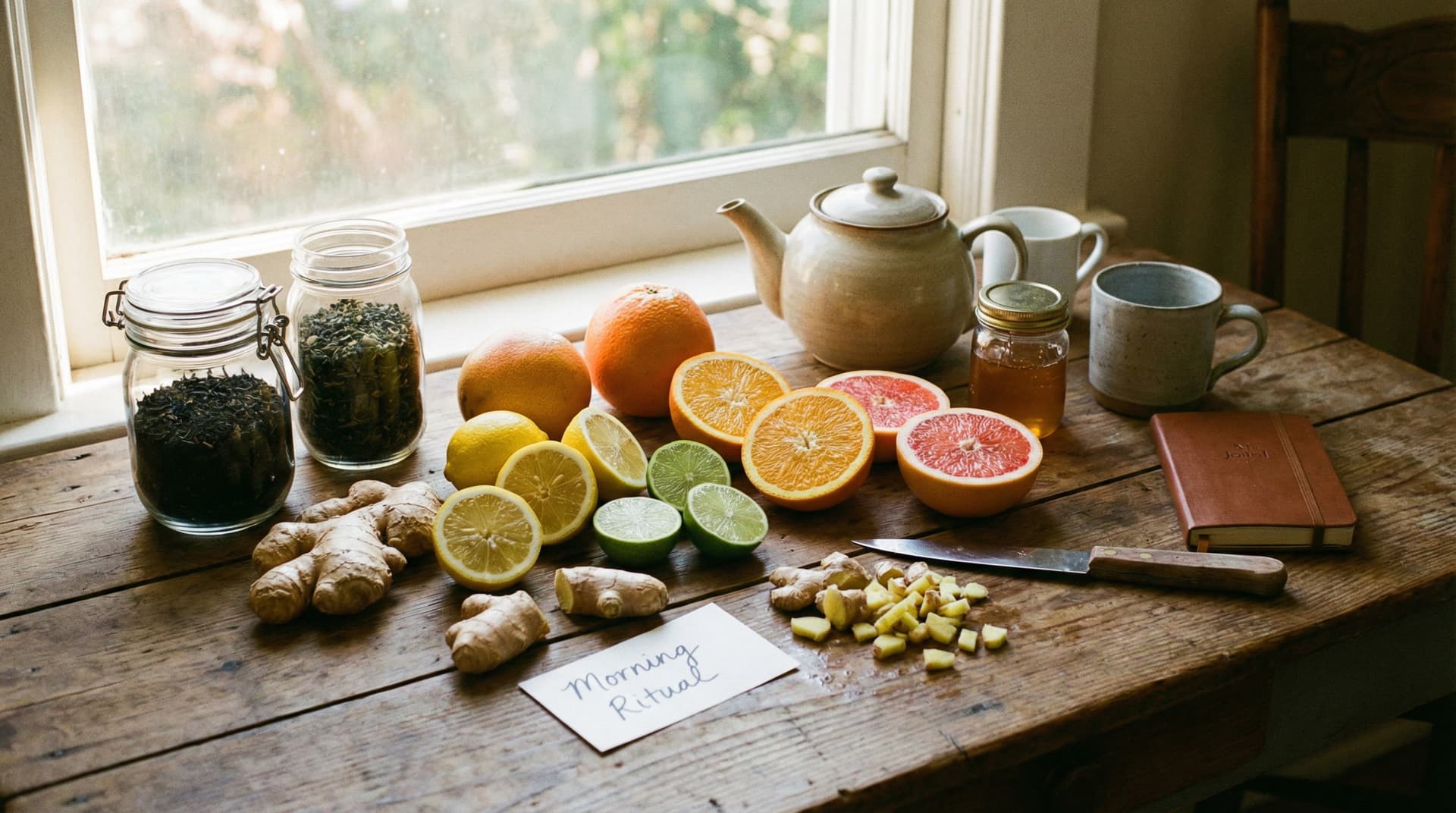 Citrus, ginger, and tea ingredients laid out for a simple routine