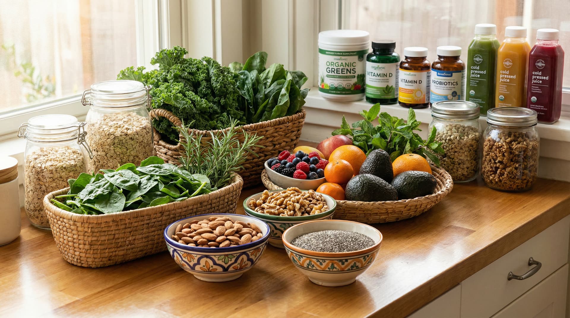 Supplements and healthy foods on a bright kitchen counter