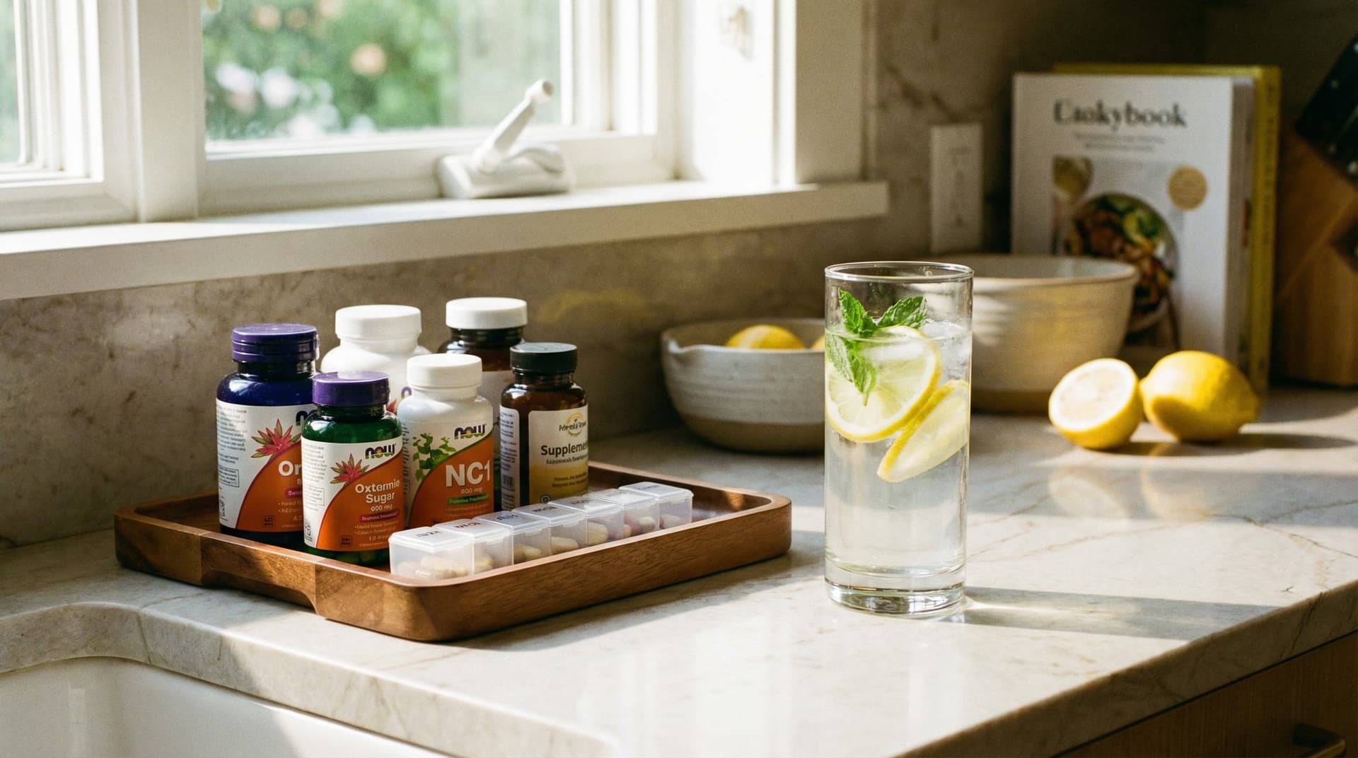 Glass of lemon water beside supplements on a bright kitchen counter