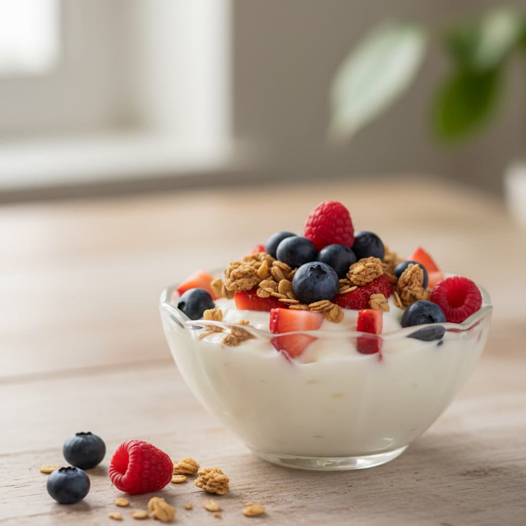 Yogurt bowl topped with berries and granola