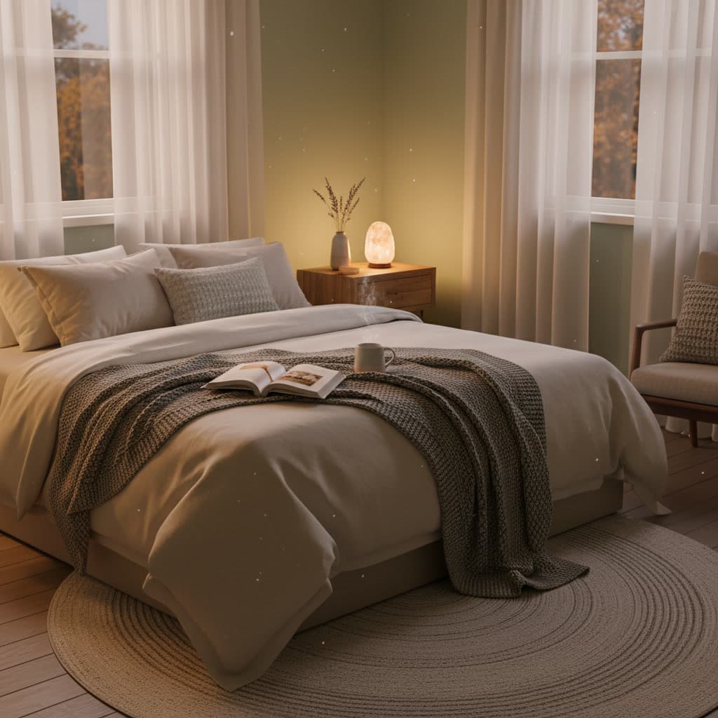 A relaxing bedroom scene with soft lighting and a book